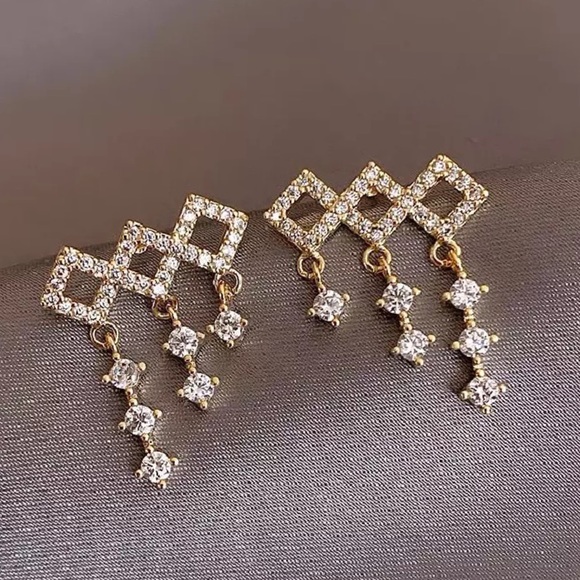 Diamond Shaped Crystal Earrings with Tassels - Picture 6 of 16